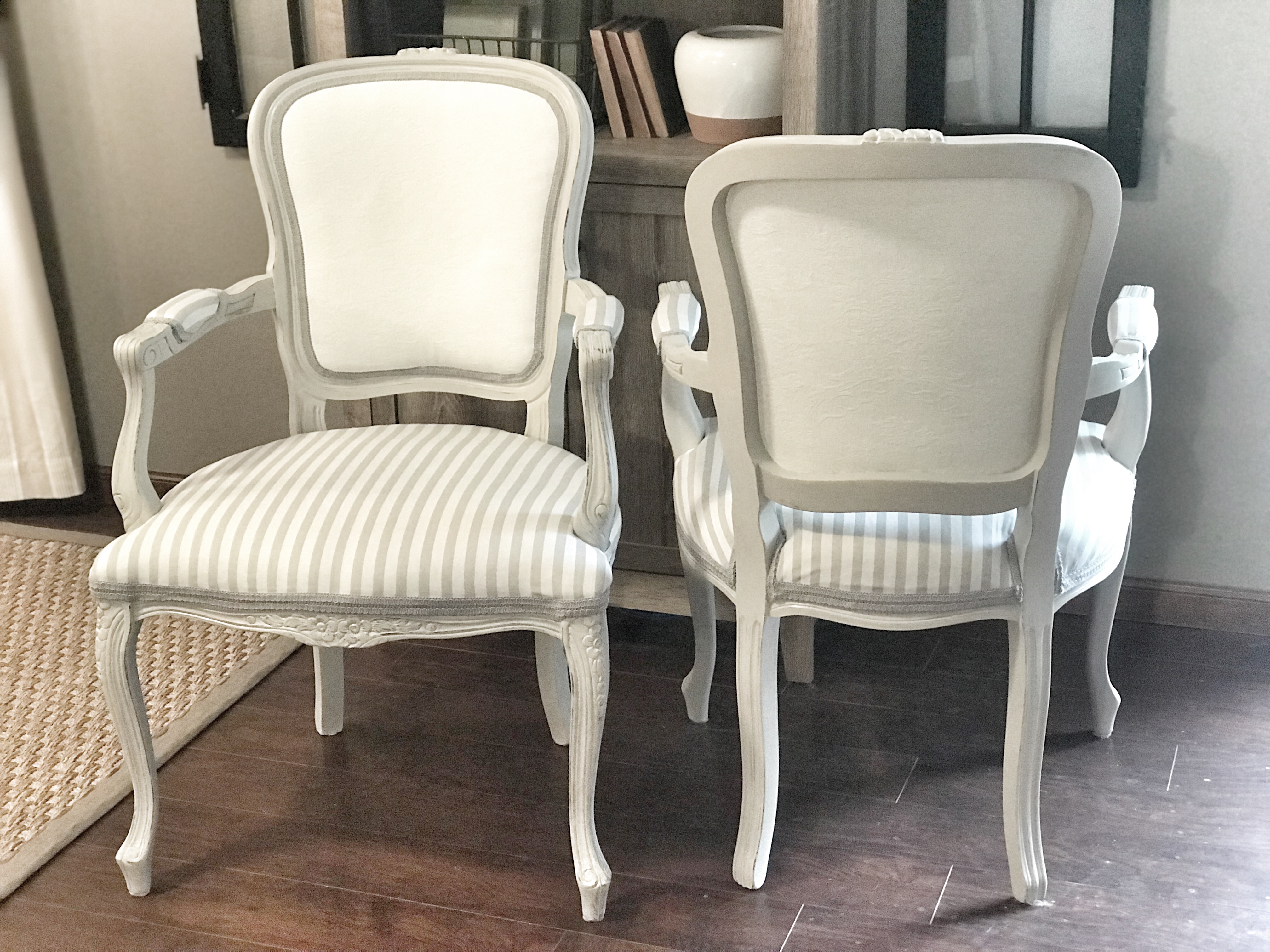 painted fabric, reupholstered chairs