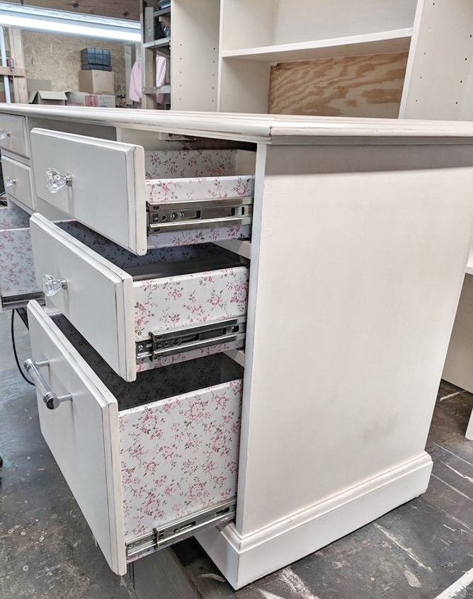 makeup vanity base, custom drawers, crystal knobs