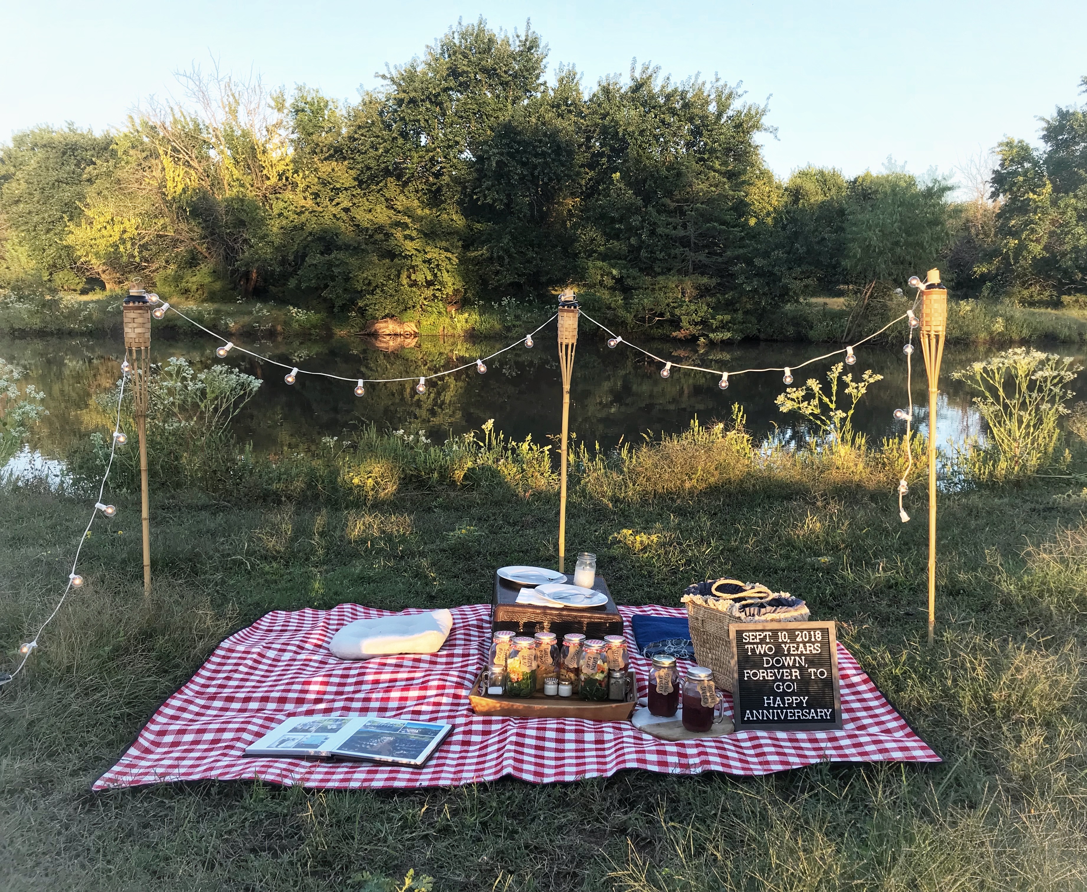 romantic picnic spot, blanket, red gingham