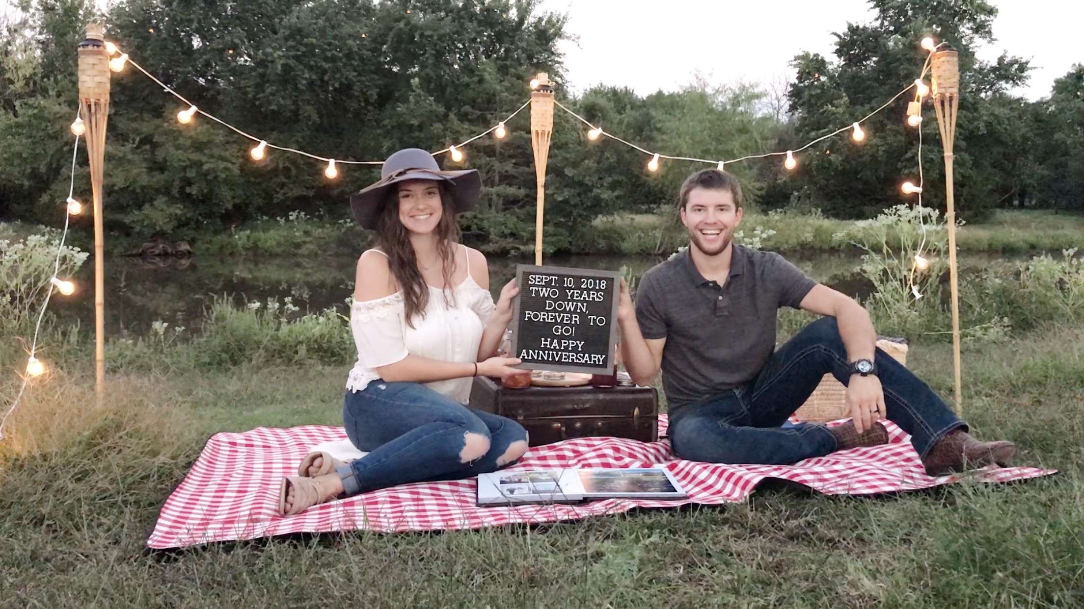 surprise date, dinner date, picnic dinner, pond, lights