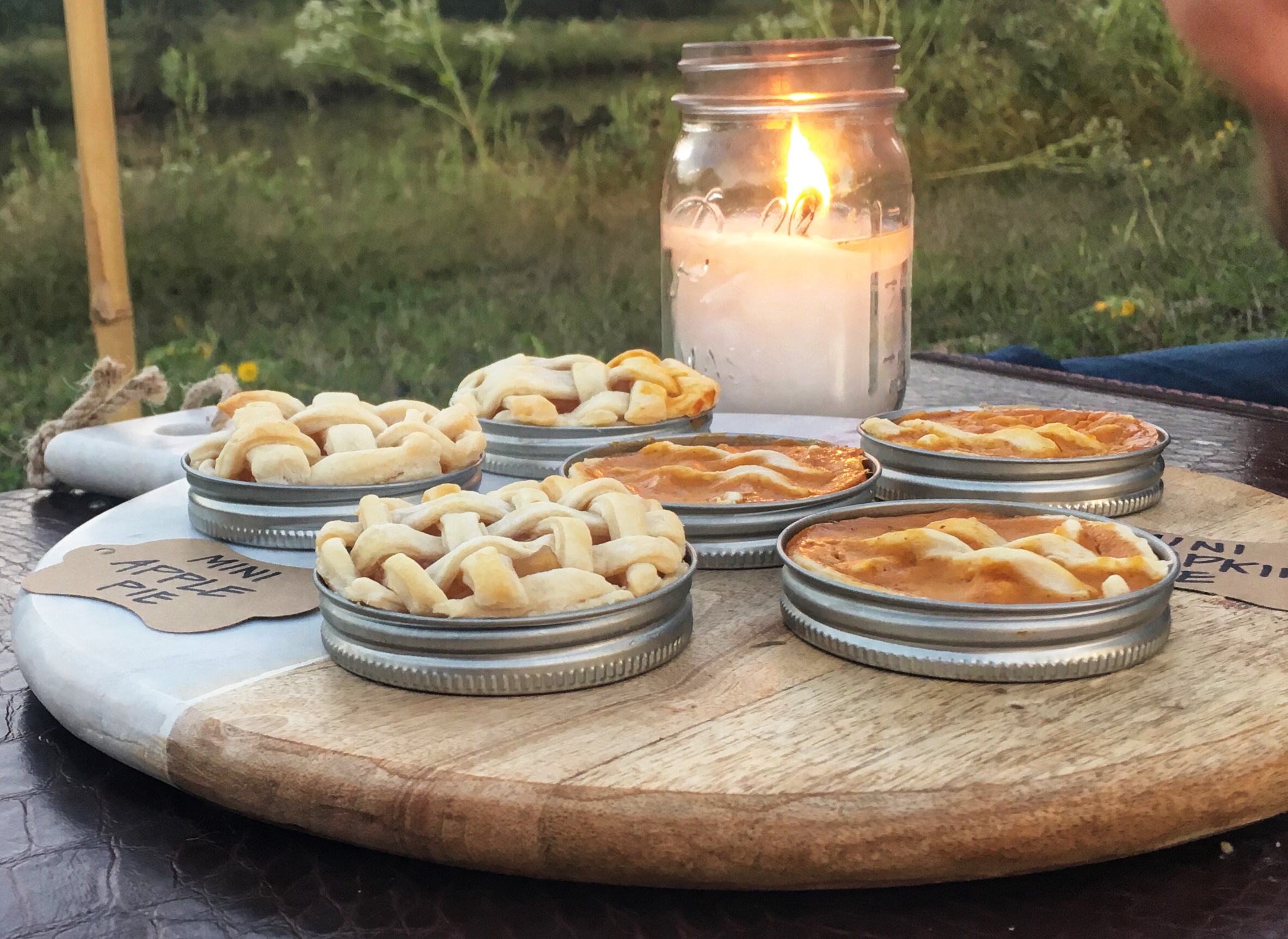 mason jar lid pies, mini pies, candle