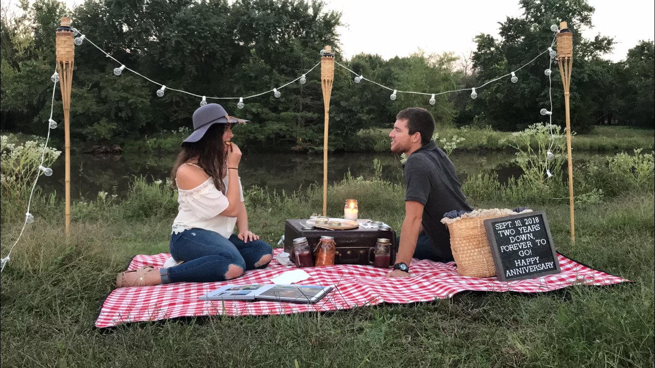 string lights, romantic setting, picnic, anniversary