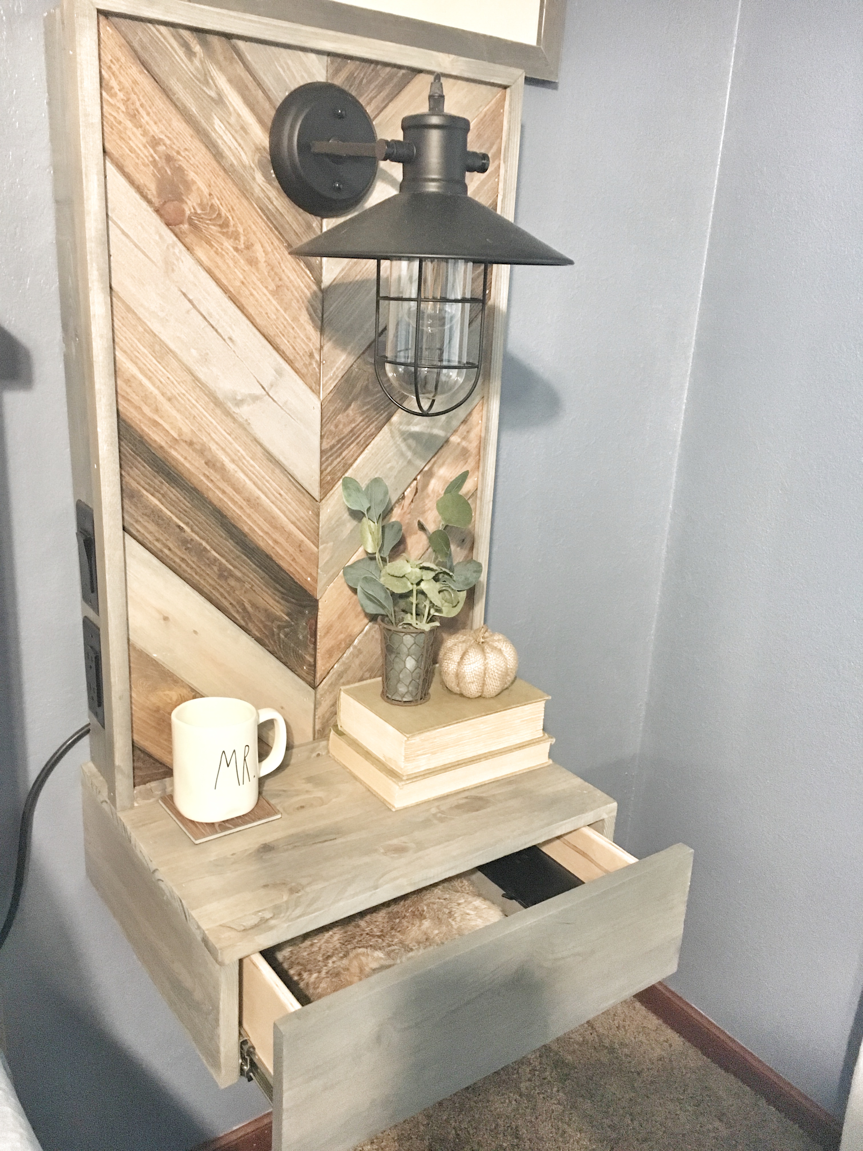 rustic floating nightstand with light