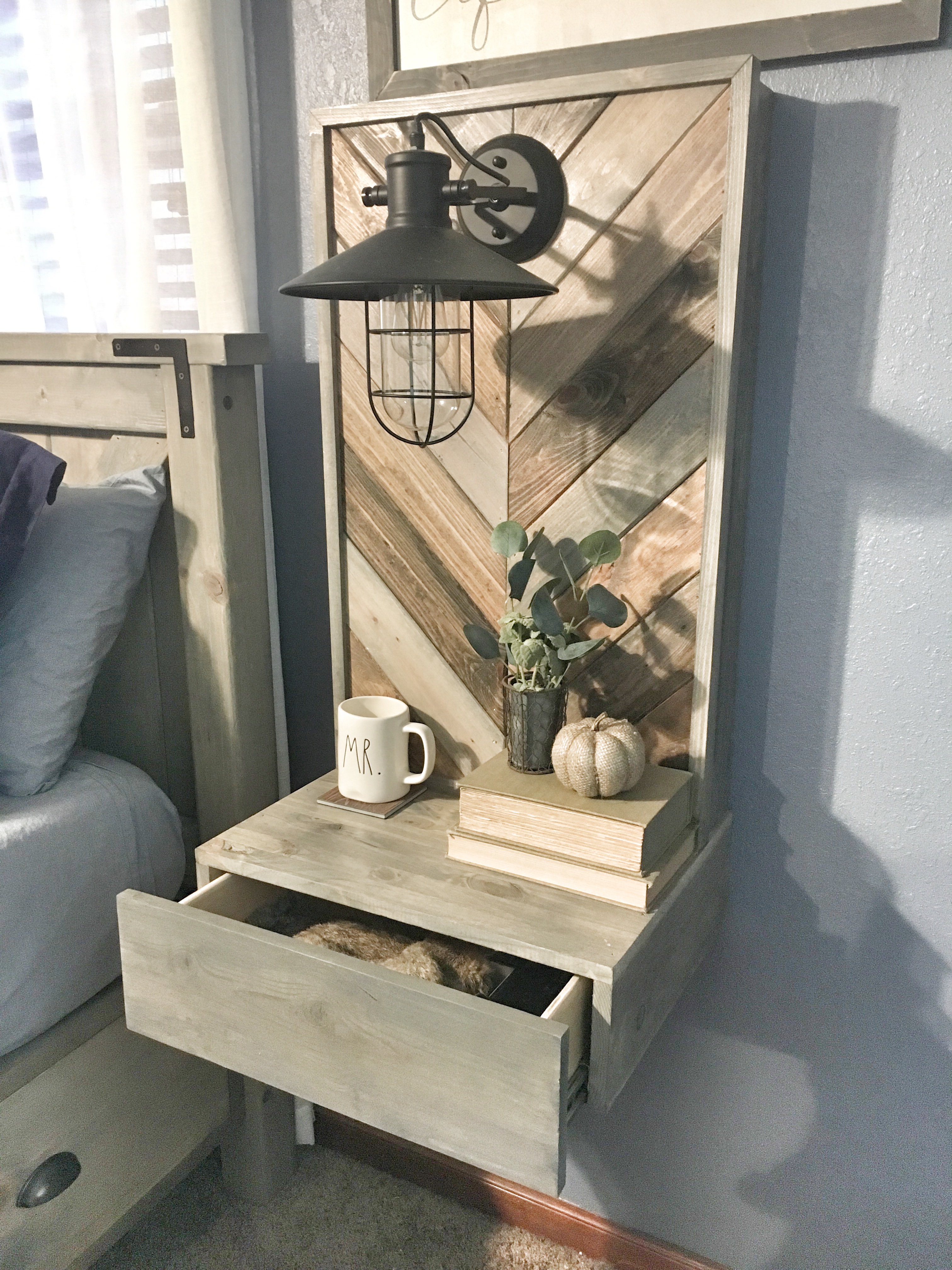 rustic floating nightstand with light