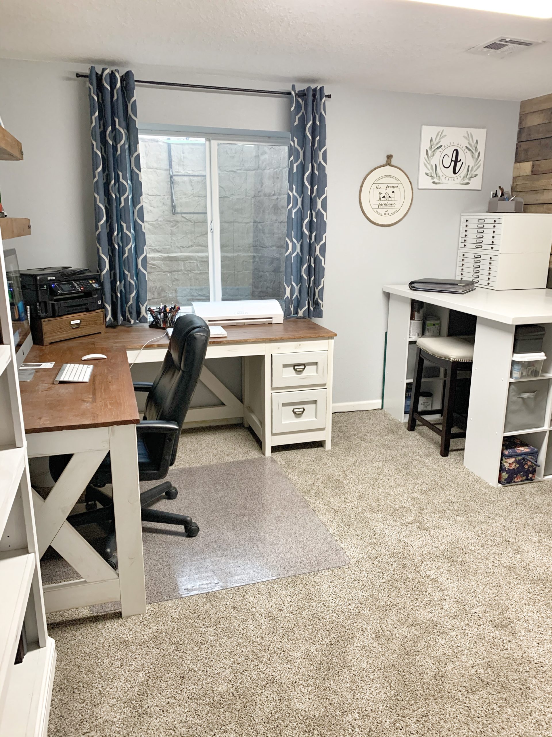 Farmhouse Chic L Shaped Desk with Cabinet White Wash