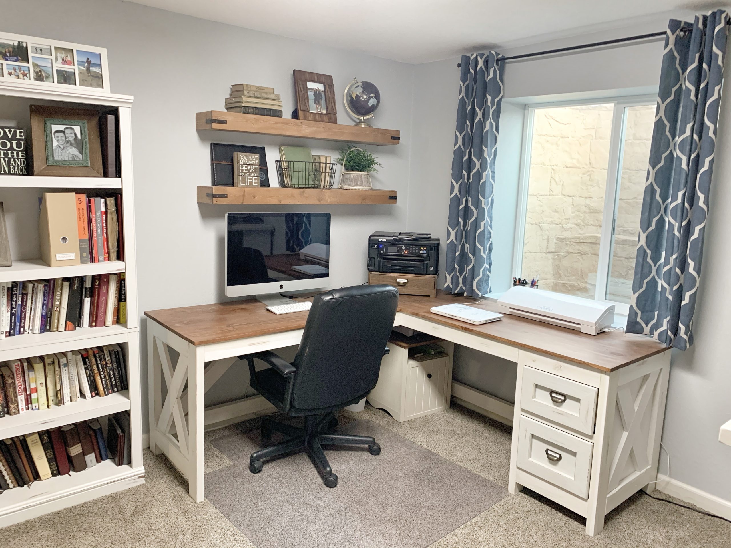 L Shaped Computer Desk with Large Cabinet, White Wash